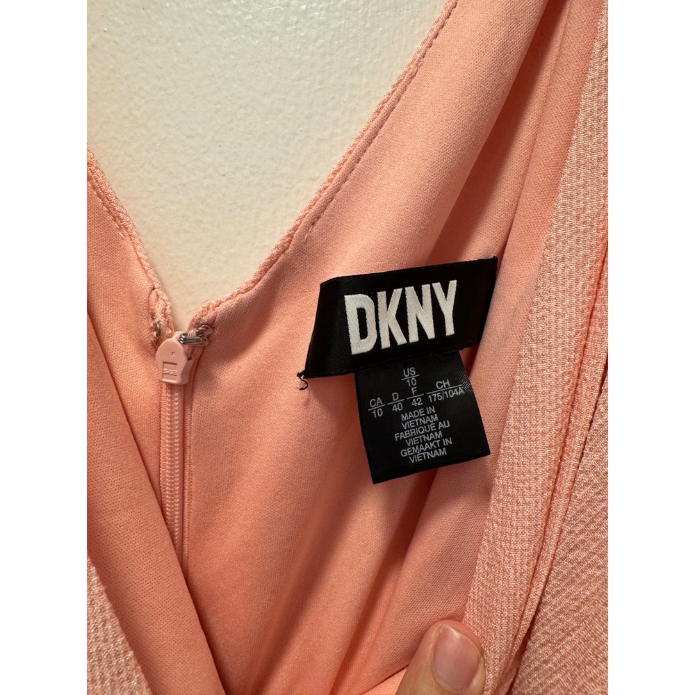 DKNY‎ Womens Peach Pink Faux Wrap Tiered Ruffle Midi Dress Size 10 Sleeveless - Picture 2 of 3